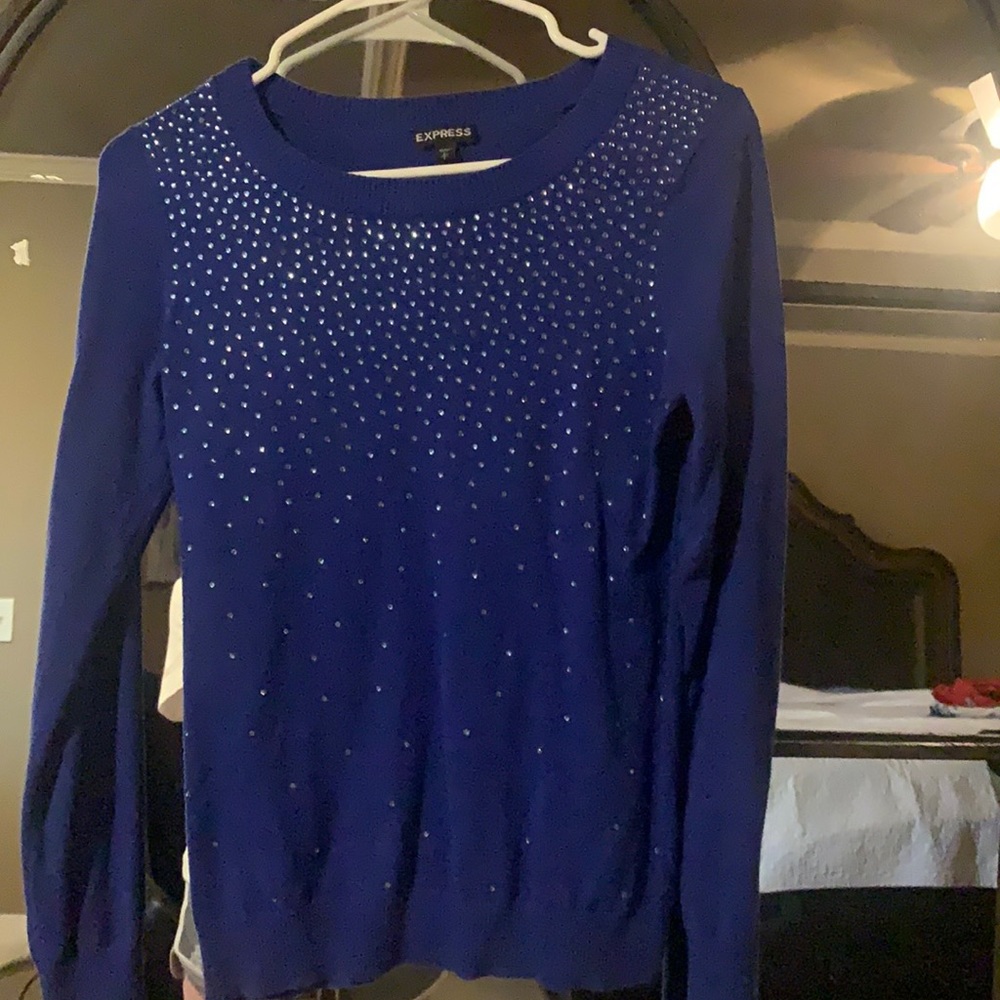 Express lightweight sweater with sequin detail, size S. Royal blue and black